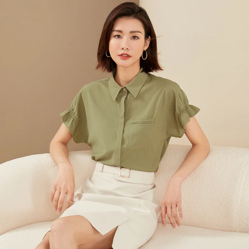 【曼贝】气质风短袖衬衫女时尚百搭设计感职业衬衫女8292032【佳莹】