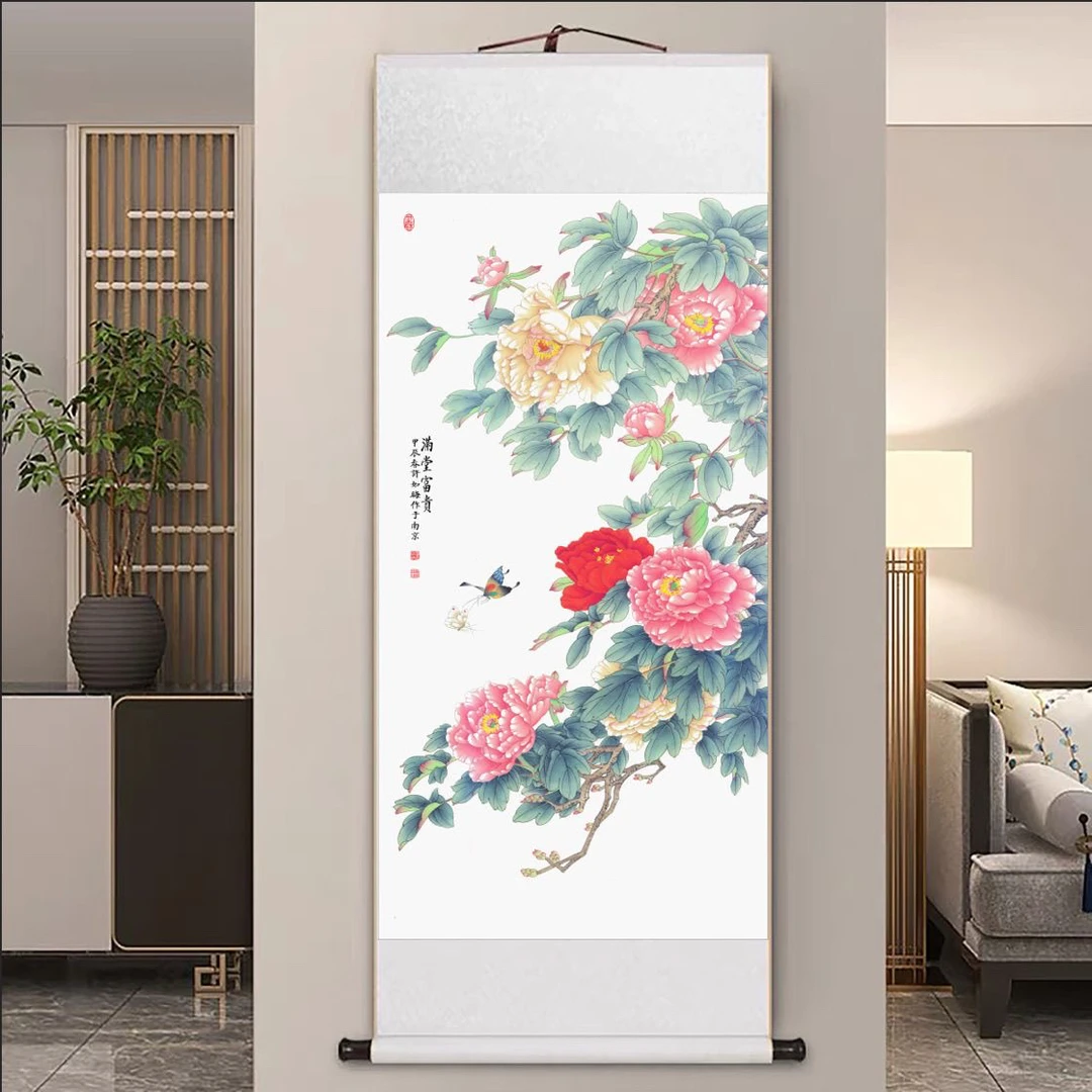 【现代高清微喷装饰画】满堂富贵牡丹（宽47，高140）