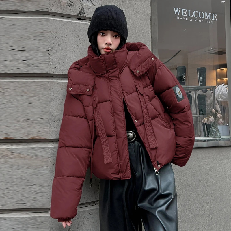 加厚袖标短款大帽子立领保暖棉服棉衣连帽棉袄秋冬女士宽松外套