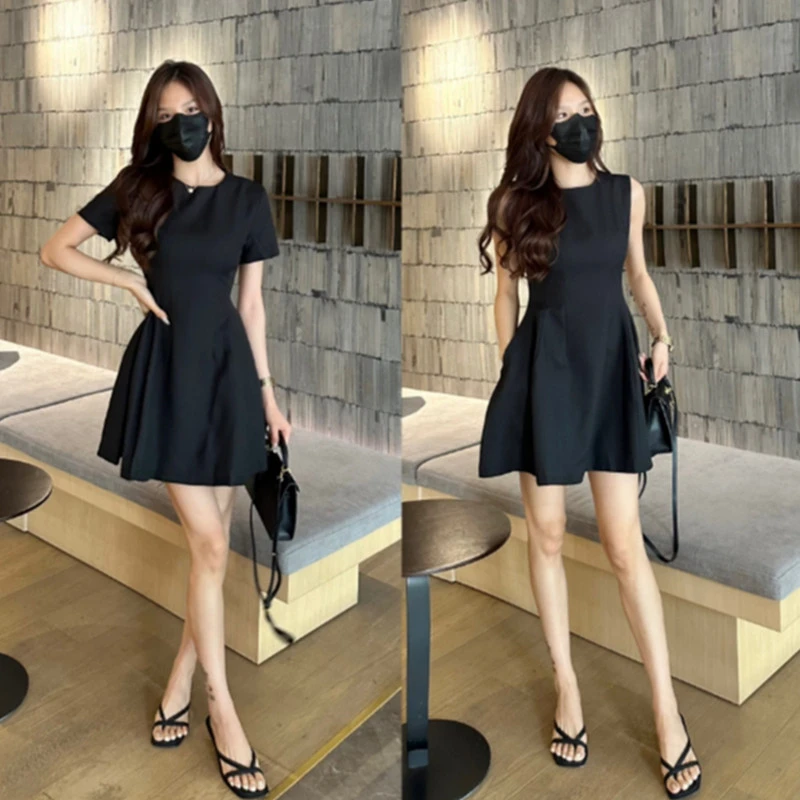 黑色赫本风高级感连衣裙子女2025年新款夏季气质小黑裙收腰蓬蓬裙