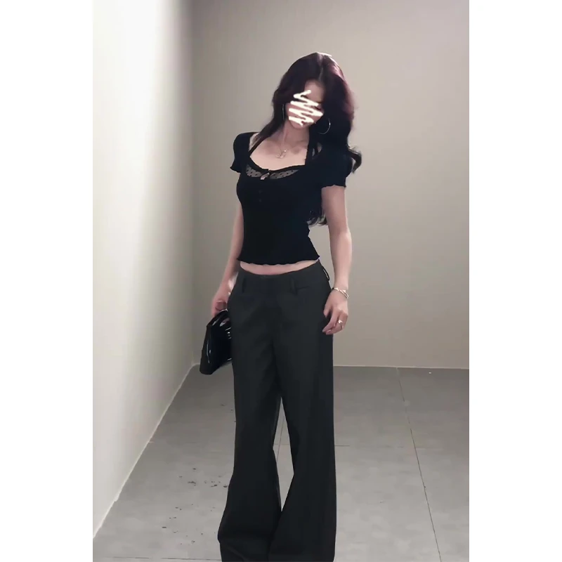 2025夏季新款女韩系穿搭方口领修身t恤上衣百搭低腰显瘦阔腿长裤