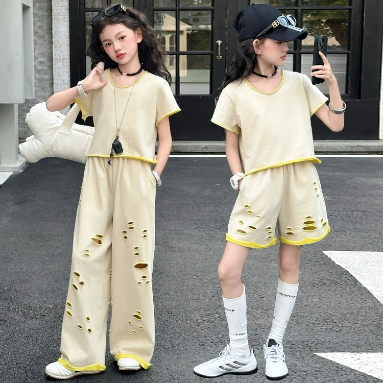 女童夏季破洞套装2025新款韩系时髦童装洋气休闲运动阔腿裤两件套