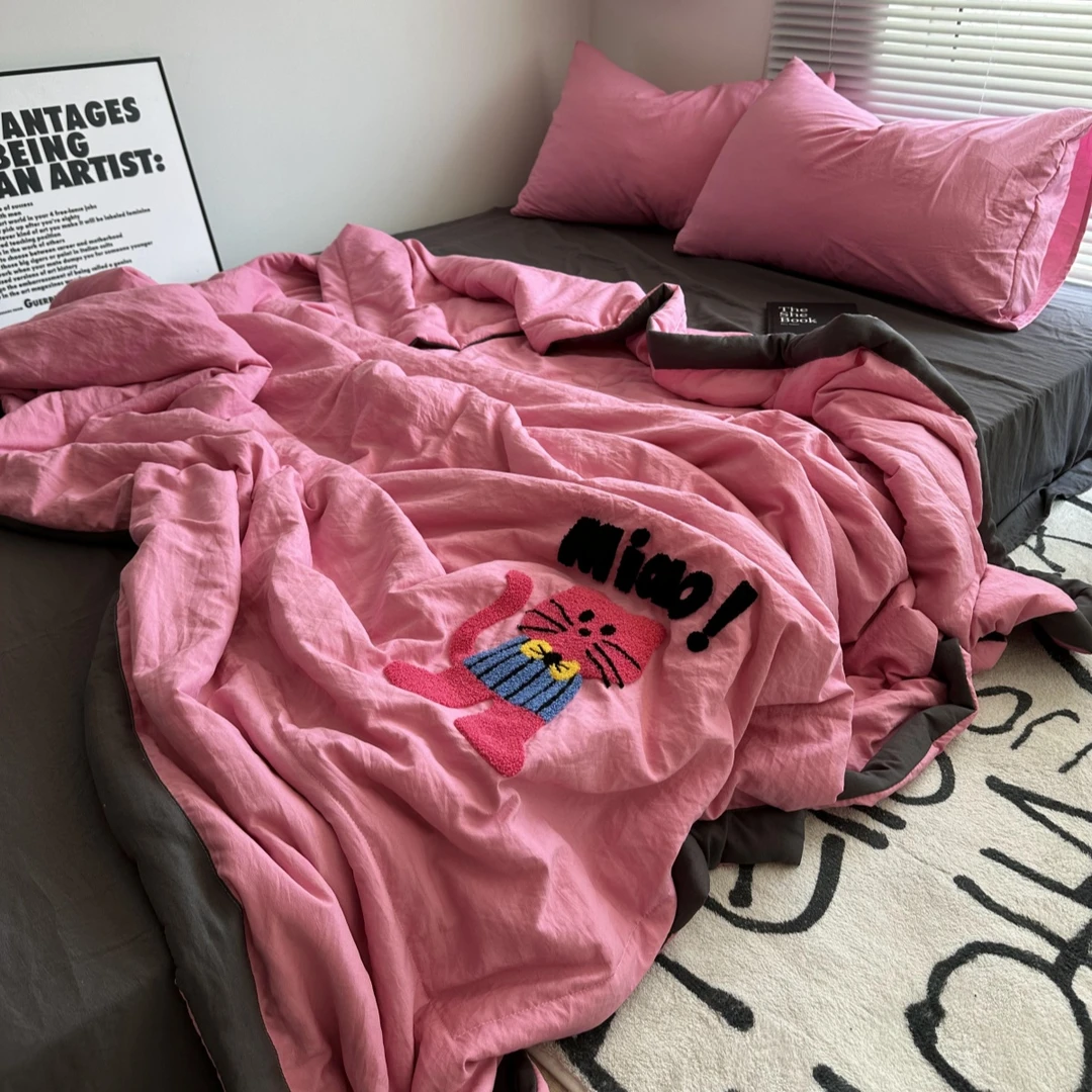 少女玫红色毛巾绣夏凉被学生宿舍床上用品非纯棉全棉可机洗空调被