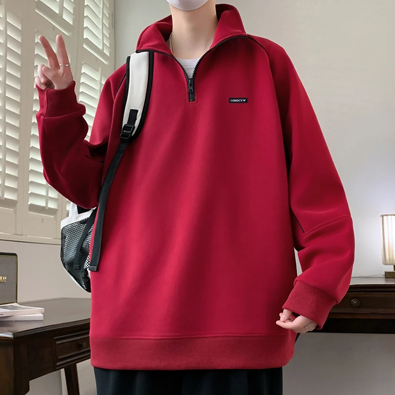 春秋季青少年半高领纯色潮流港风卫衣拉链款式套头免烫宽松型上衣