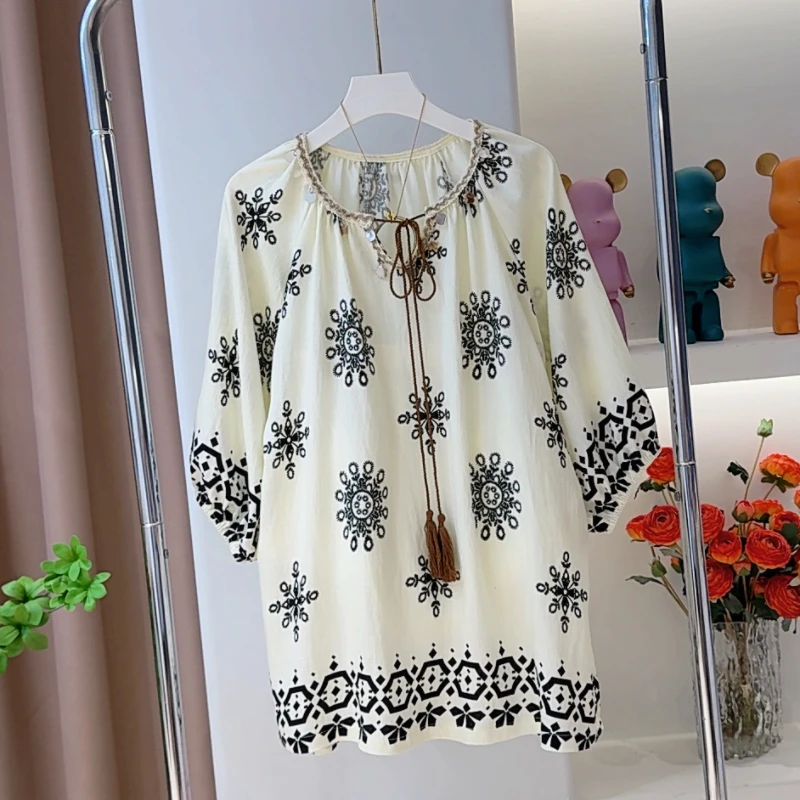 1987夏季复古系绳宽松衬衫休闲减龄薄款大码遮肉显瘦韩版百搭上衣