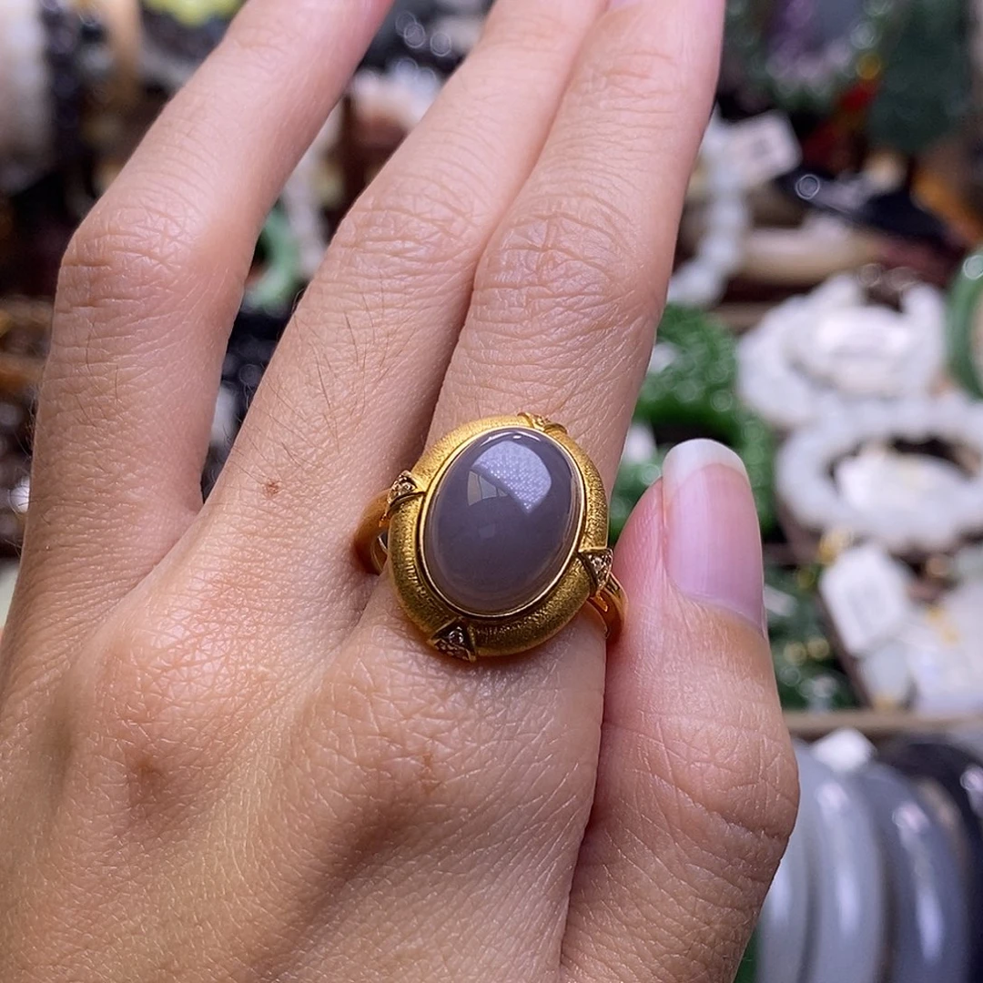 颈饰未镶嵌和田玉冰浓烟紫银镶蛋面戒指活口