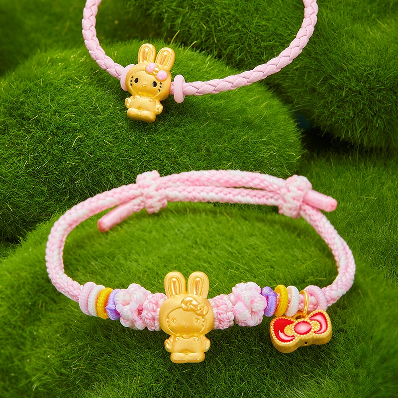 黄金蝴蝶结兔子转运珠3D硬金足金999卡通兔兔手链路路通送情人