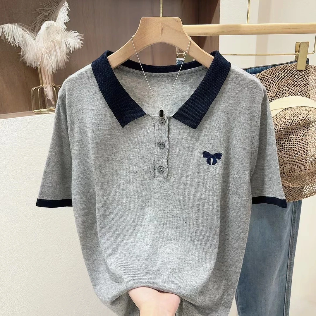 「蝴蝶结」 巨好看~撞色Polo领刺绣针织短袖-422