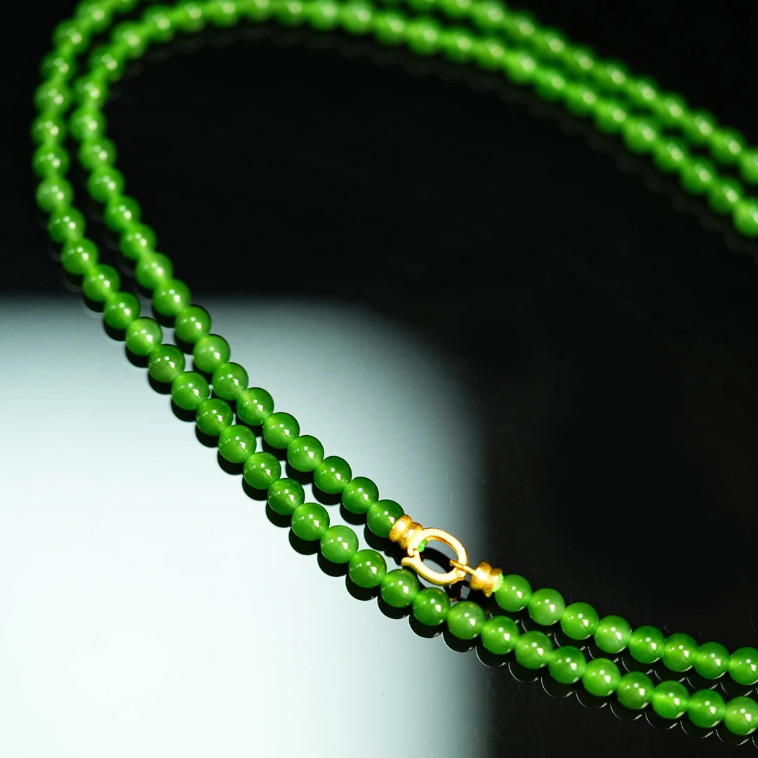 『小浩珠宝』天然和田玉碧玉老料·苹果绿项链4mm加长款冰底浓色