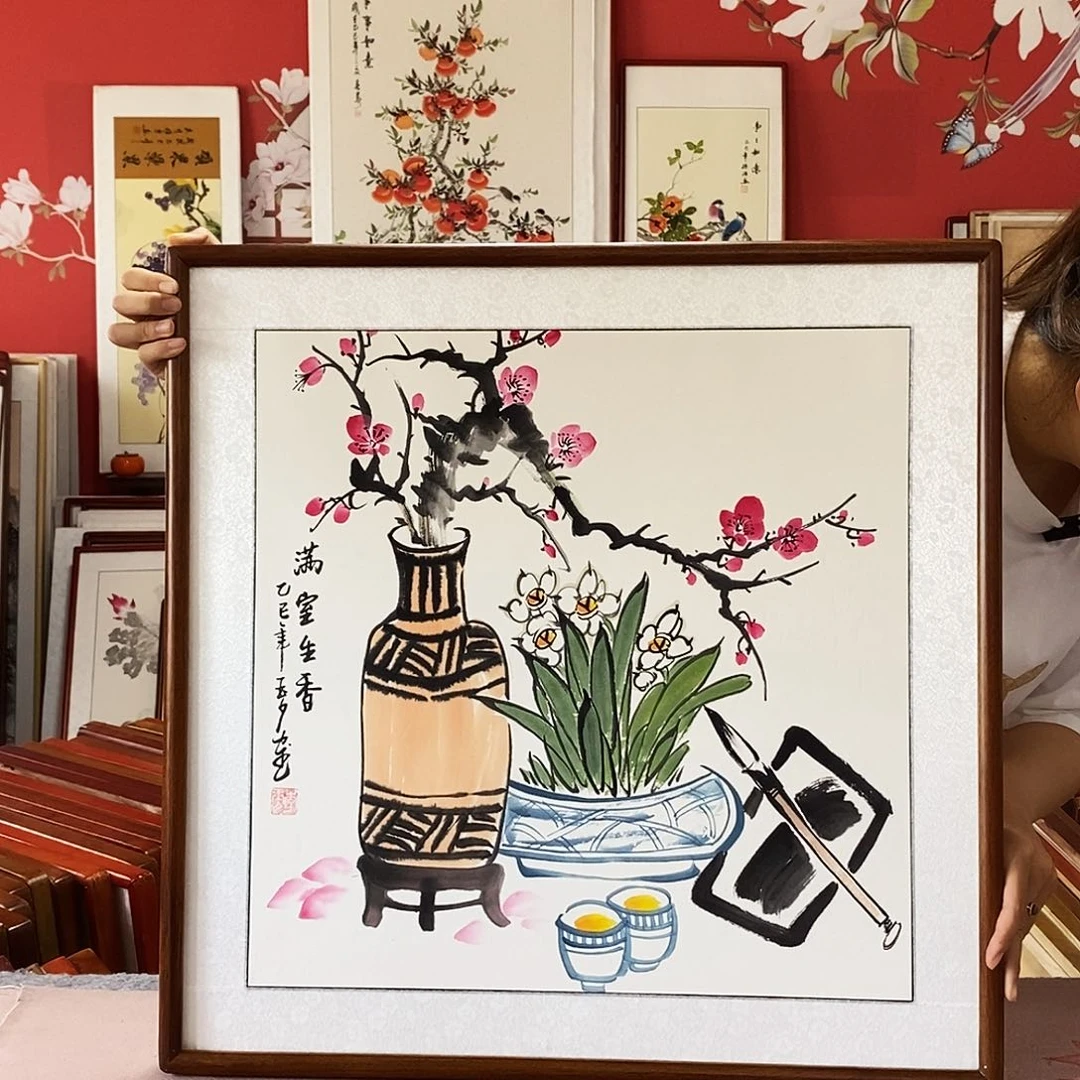 国画手写手绘带框包邮62✖️62国画作品