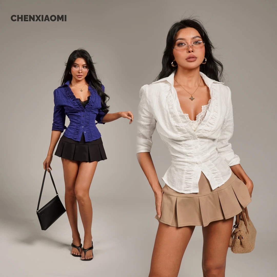 【蜜蜜家】雾蓝絮语 欧美辣妹显瘦性感修身纯欲七分袖衬衫 25/C075