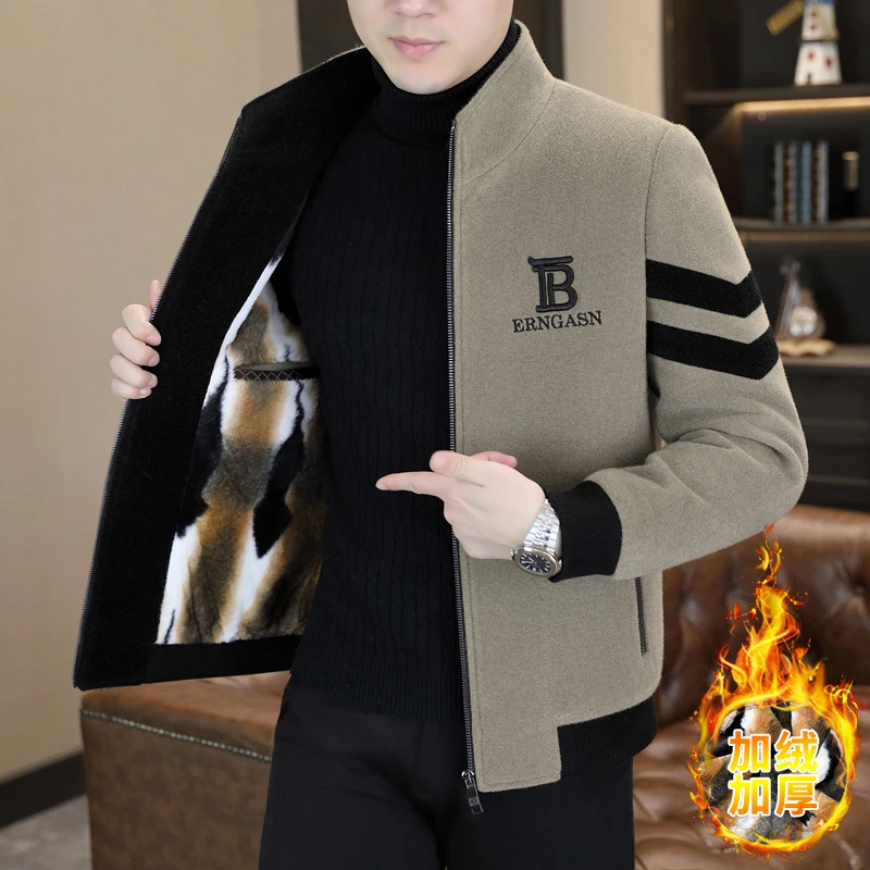 2025男士品质立领毛呢外套刺绣拼接加绒加厚休闲百搭保暖外套男