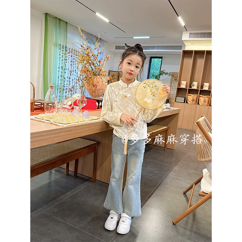 新中式绣花唐装上衣国风单排扣春秋女童常规款纯色打底T恤26008#