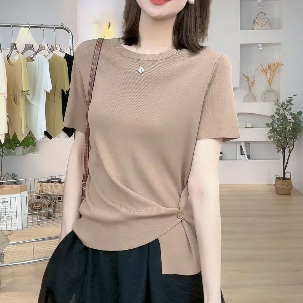 2025春夏季新款侧纽扣圆领针织衫短袖T恤上衣女设计感休闲睡衣女