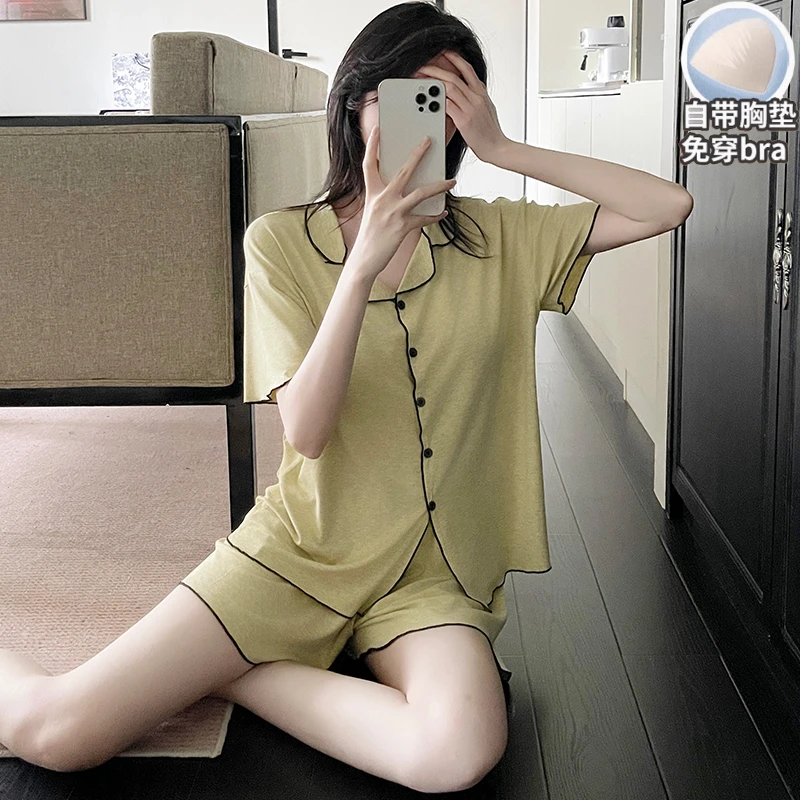 带胸垫莫代尔棉睡衣女款夏季短袖开衫翻领套装2025新款爆款家居服