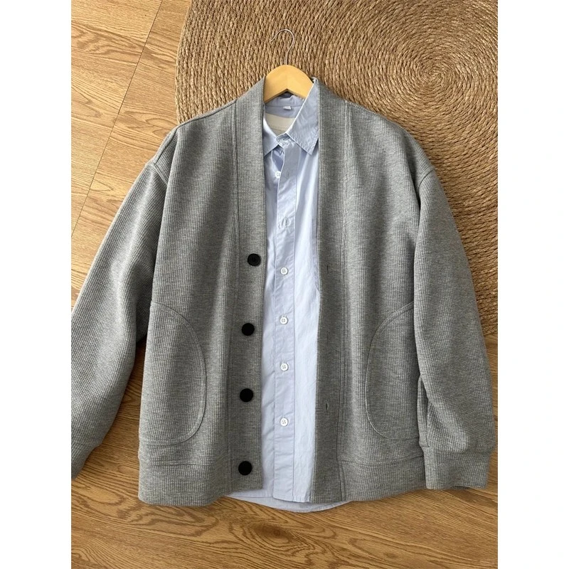 浅灰色华夫格开衫卫衣夹克男秋季轻熟风高级感上衣美式学院风外套