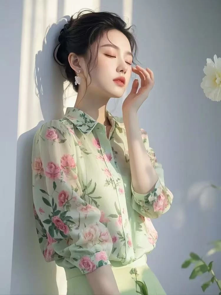 SS1196绿色碎花雪纺衬衫女新款法式气质高级感轻奢减龄洋气上衣