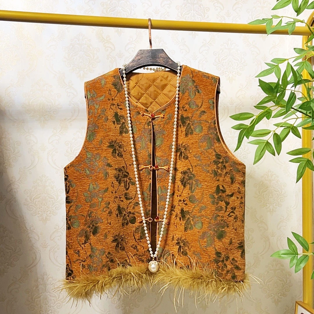 大聪（加棉）新中式复古黄色贵气大码国风马甲宽松显瘦薄棉坎肩1220