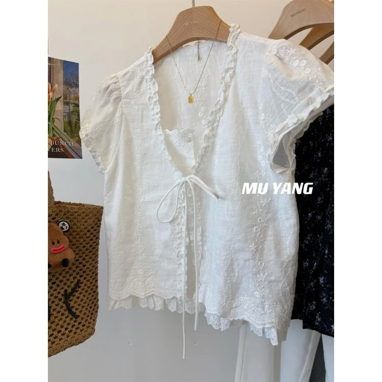 2025夏季设计感小众设计开襟绑带假两件刺绣花边木耳衬衫显瘦衬衣