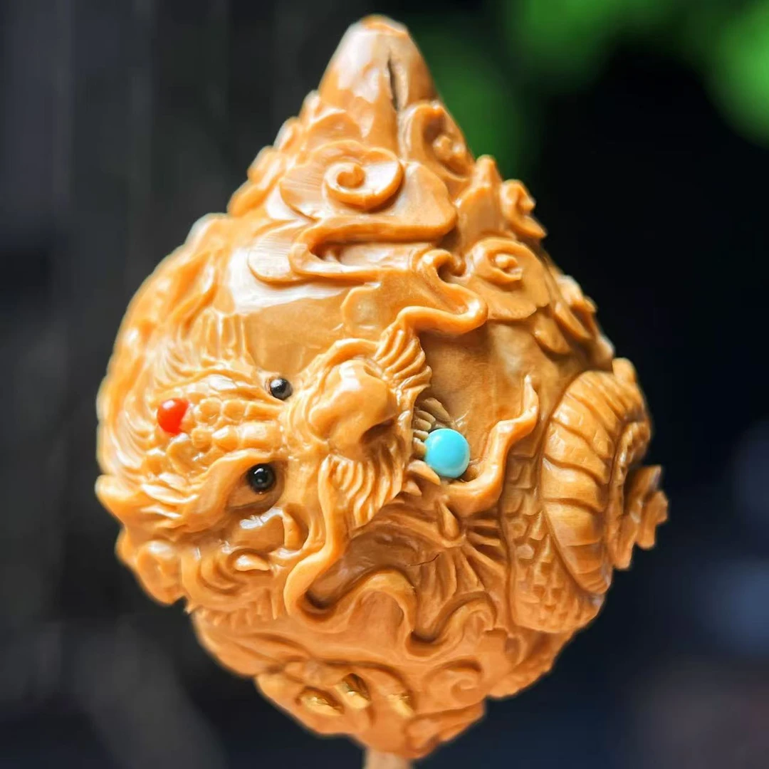 橄榄核雕2.5成3.2神龙嘴巴蓝珠满镶嵌金单粒