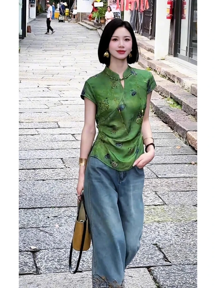 巨好看新中式国风上衣女装绿色短袖衬衣夏季新款复古时尚收腰衬衫