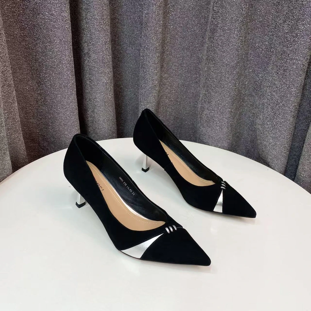 C3765 黑/银 尖头气质细高跟浅口女单鞋
