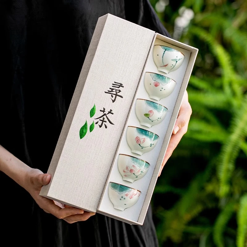 手绘粉青荷花品茗杯陶瓷小茶杯家用客人主人功夫茶具6只杯伴手礼