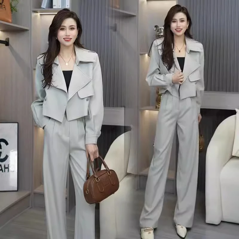 高级感时尚套装女春季洋气减龄显瘦短款风衣外套高腰阔腿裤两件套