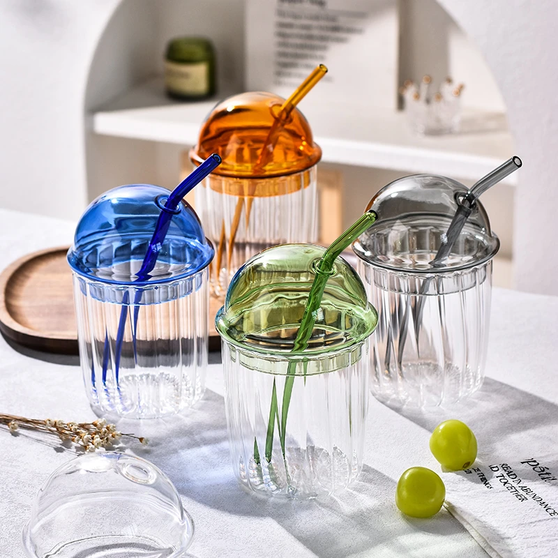 吸管杯透明高颜值玻璃杯漂亮杯子带盖水杯咖啡杯波波杯家用果汁杯