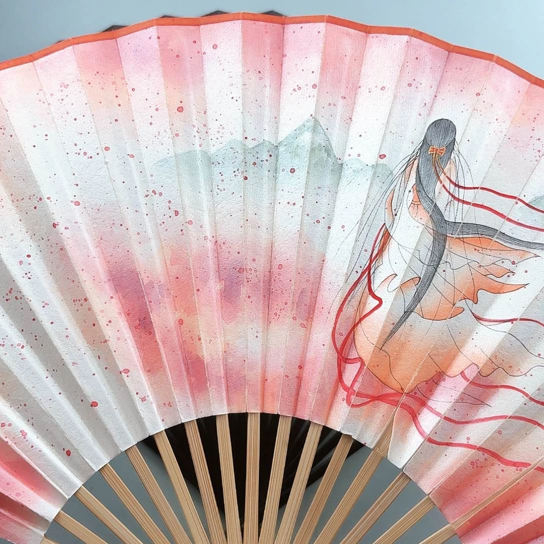 金***雨扇子7寸16方1.8排扣扇面美女