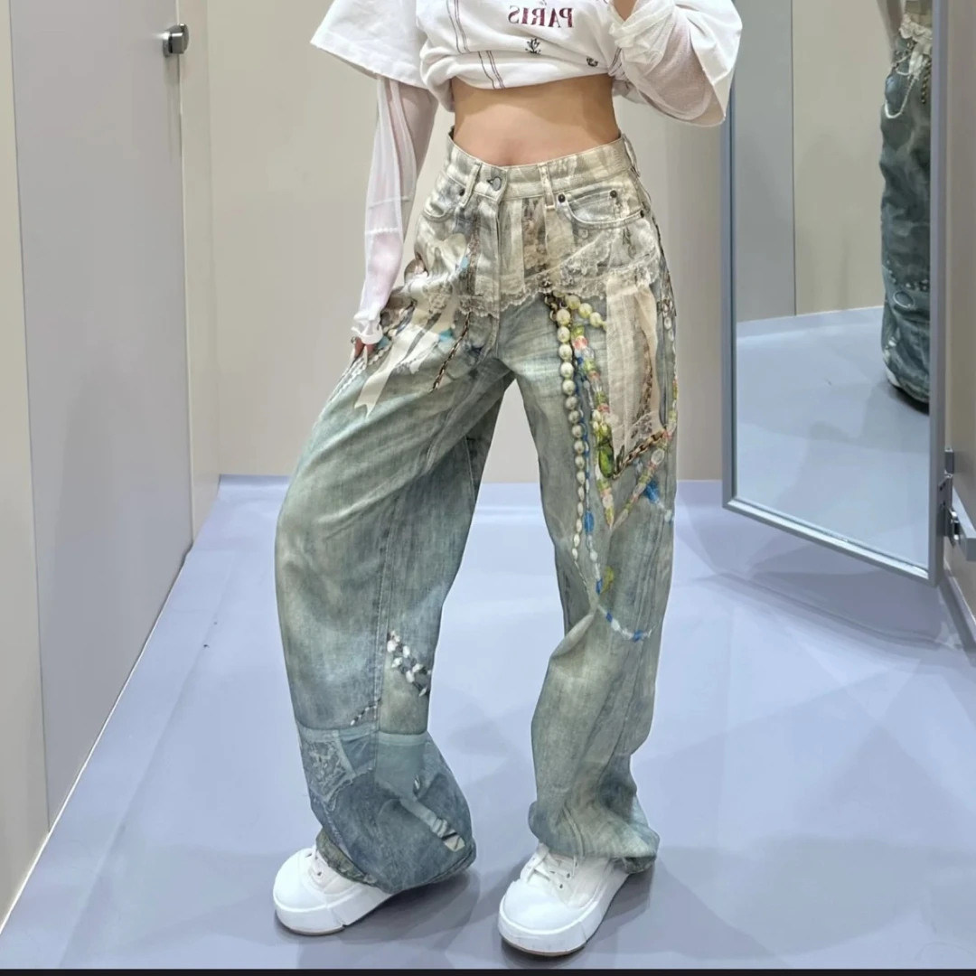 Onerich【Ac】蕾丝珍珠牛仔裤美式印花常规秋款
