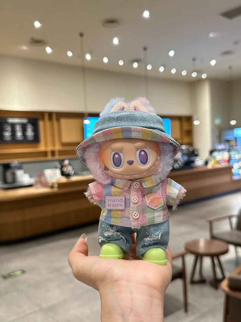 娃衣17cm搪胶公仔潮流时尚百搭拉布布娃彩虹格子衬衫牛仔裤