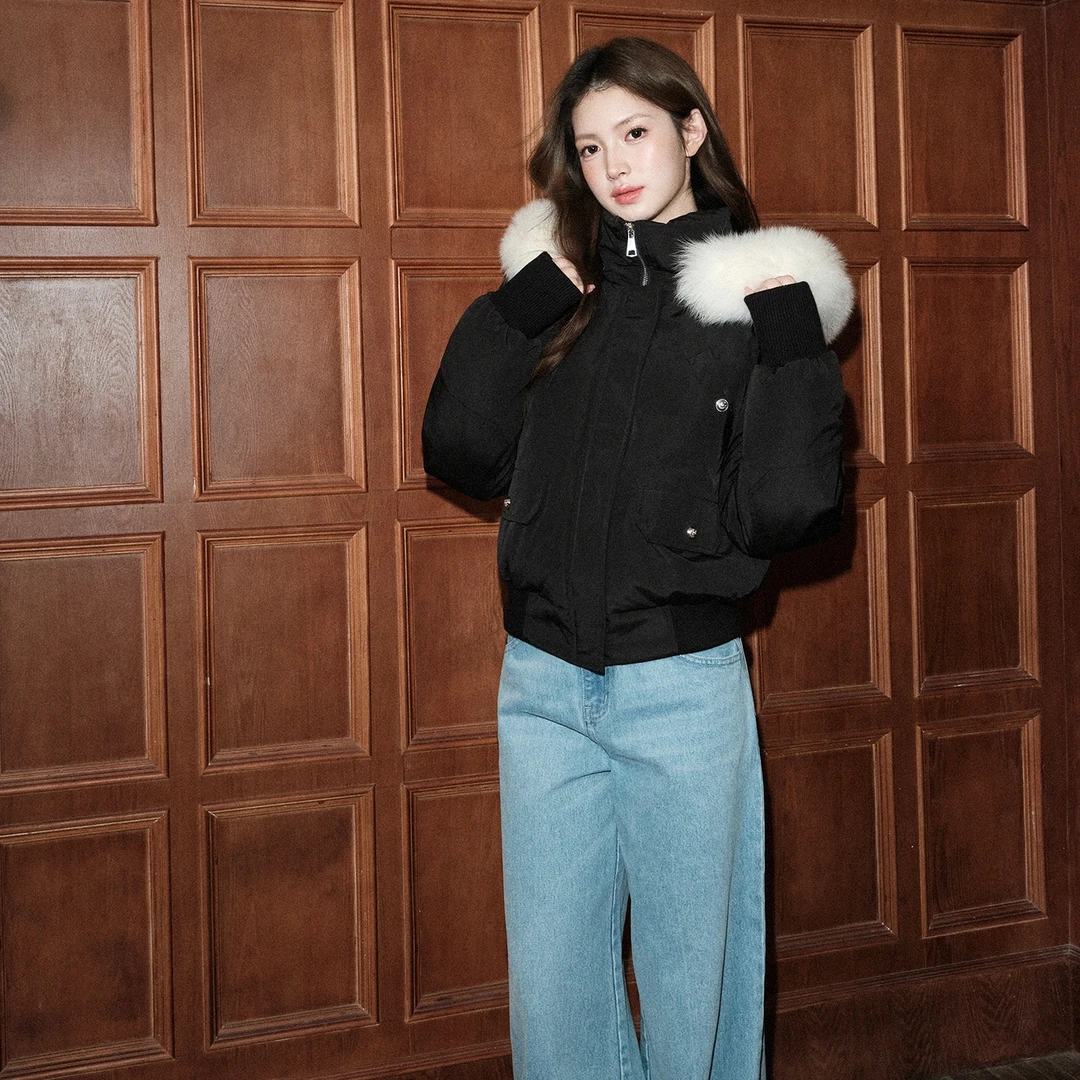仿狐狸毛领棉衣棉服外套2025新款秋冬百搭黑色立领派克服女厚冬装