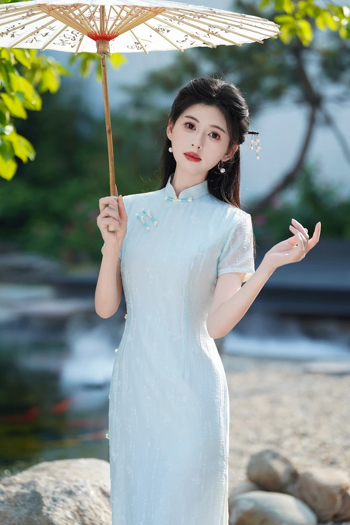 （锦）苏派简约气质新中式夏季中长款短袖复古国风旗袍