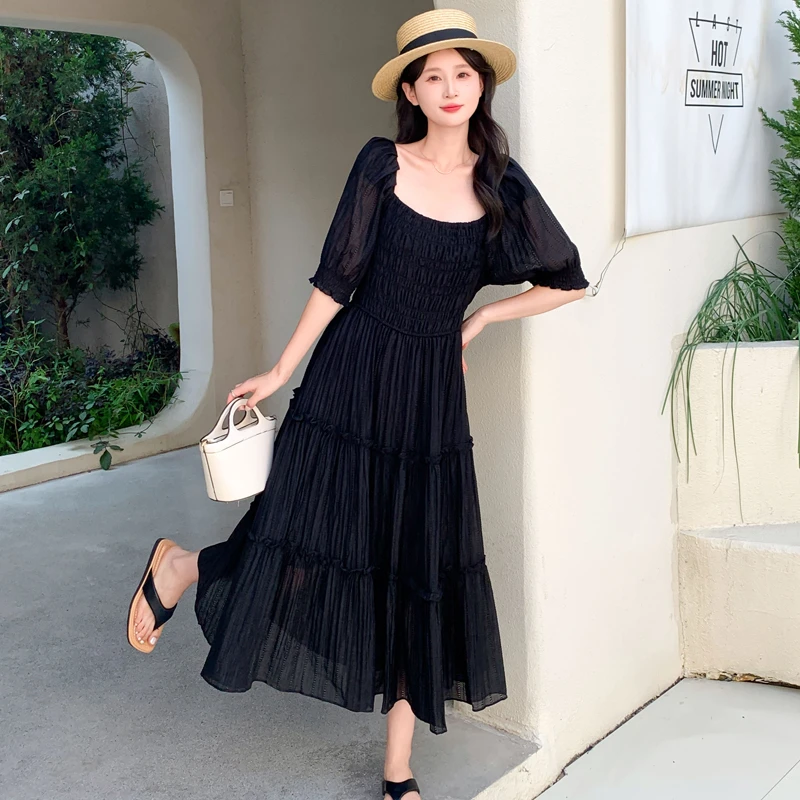 波西米亚风长裙短袖泡泡袖连衣裙蕾丝女装中长款夏季收腰裙子显瘦