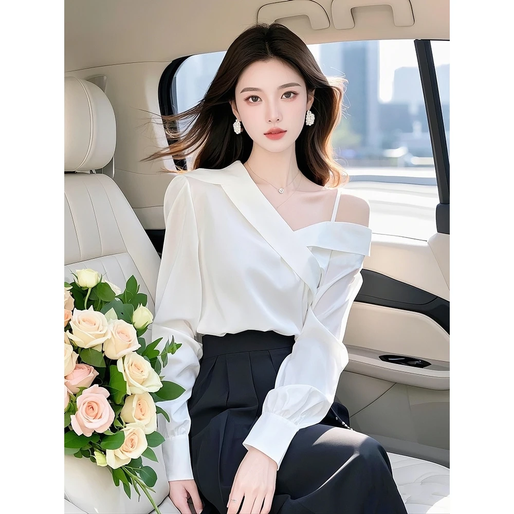 时尚性感小众独特白色吊带露肩衬衫2025女春季新款超好看单穿上衣