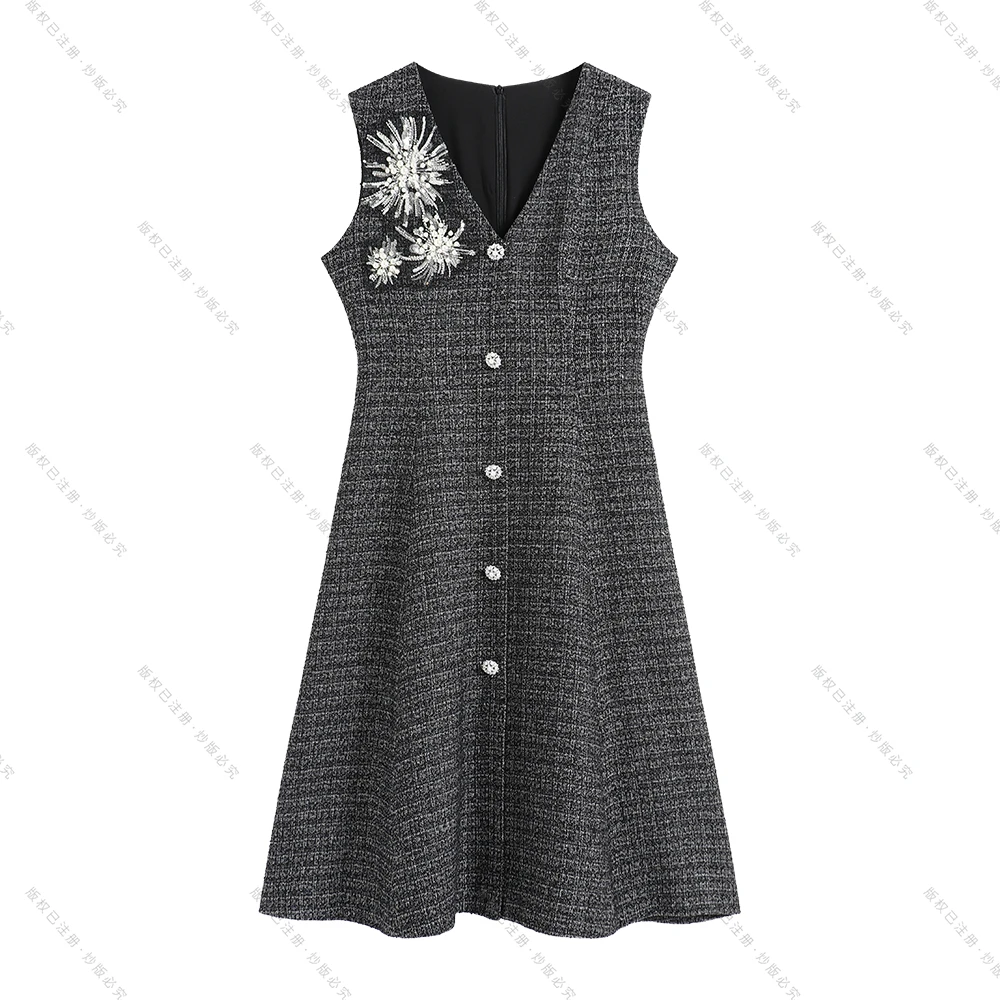 【深圳畅姐】秋冬重工拉链金线粗花呢裙气质小香风无袖钉珠连衣裙