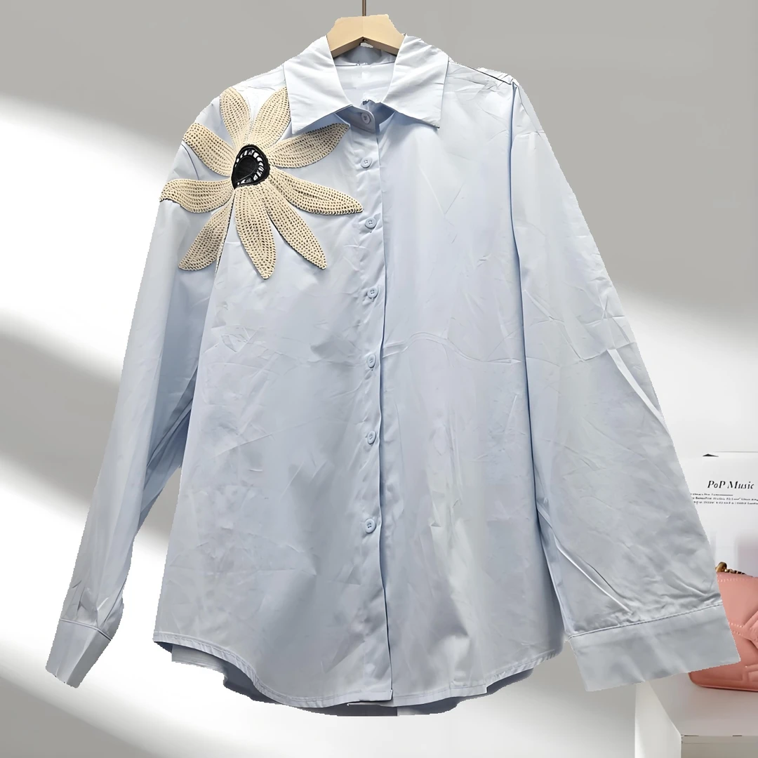 欧洲站洋气刺绣撞色设计感宽松中长款显瘦衬衣设计感宽松衬衫女潮