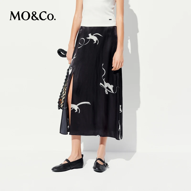 MOCO半身裙2025夏新品小猫印花中长款微A侧开叉侧拉链MBE2SKTT10