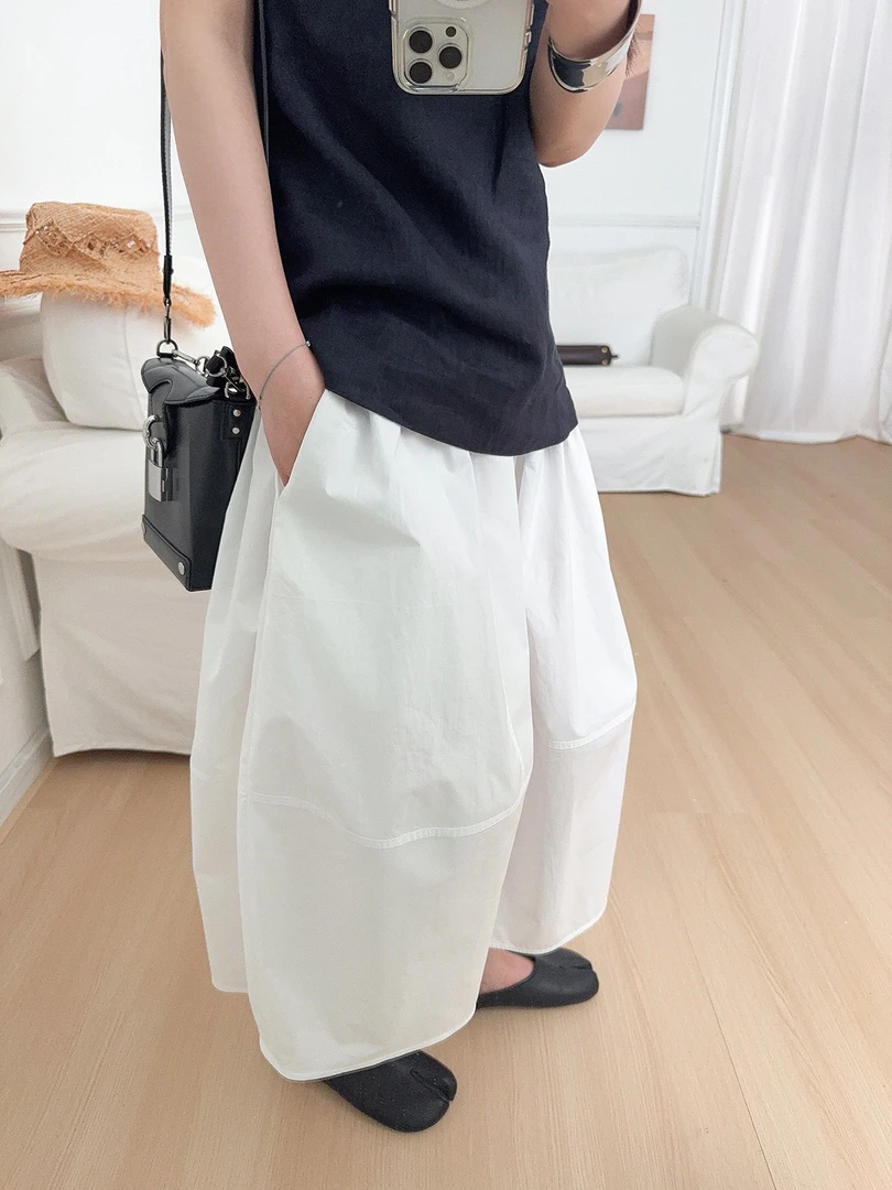 C家宽松显瘦褶裥拼接中长款半身裙弹力腰半裙夏新品日杂感花苞裙