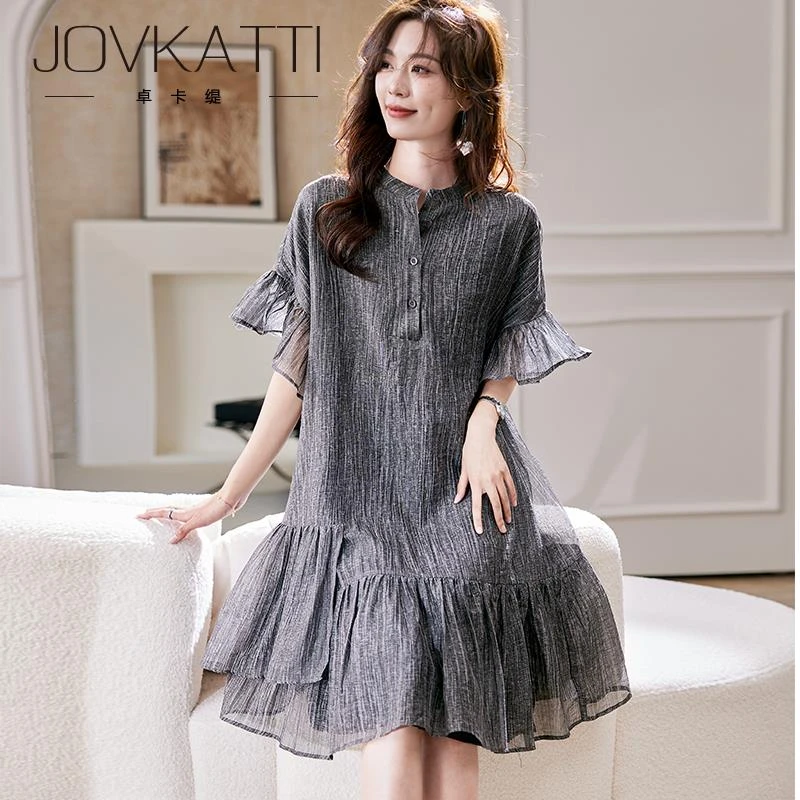 Jovkatti圆领喇叭袖条纹连衣裙2025夏季气质宽松显瘦休闲A字裙
