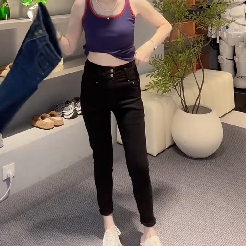 黑色高腰弹力小脚牛仔裤女秋冬加绒加厚紧身显瘦小个子九分铅笔裤