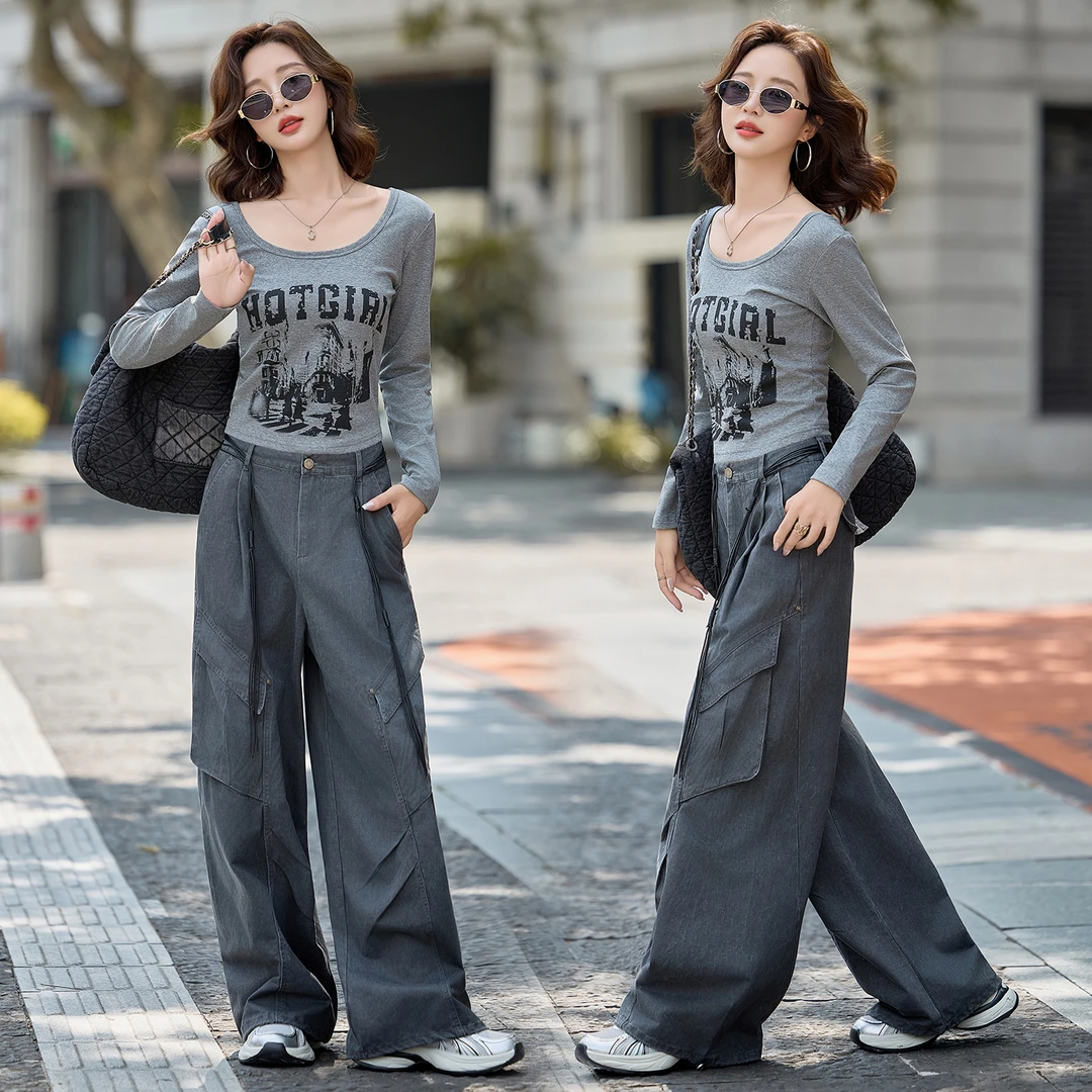 休闲时尚印花T恤套装女2025春秋新款设计感气质工装阔腿裤两件套