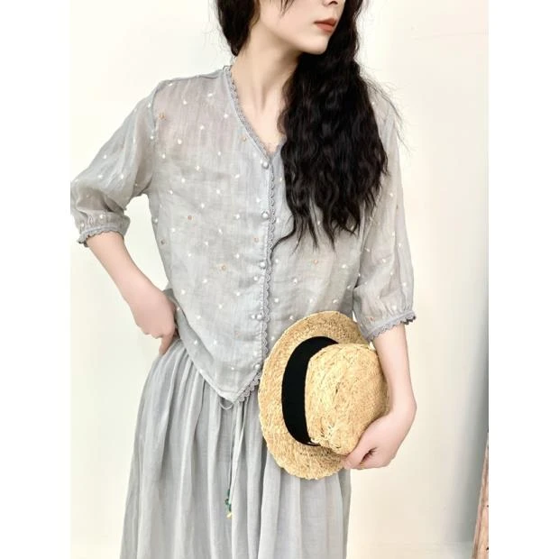 纯苎麻薄款衬衫V领休闲女装夏季蕾丝时尚显瘦洋气气质衬衣复古