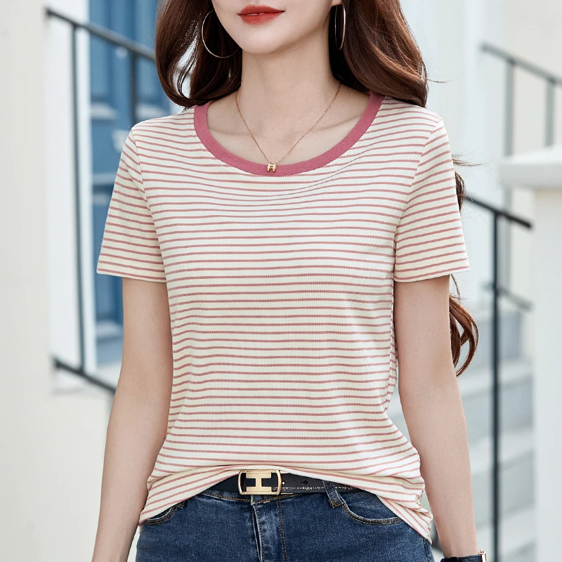 夏季洋气条纹短袖T恤女2025新款半袖韩版ins潮宽松夏装上衣