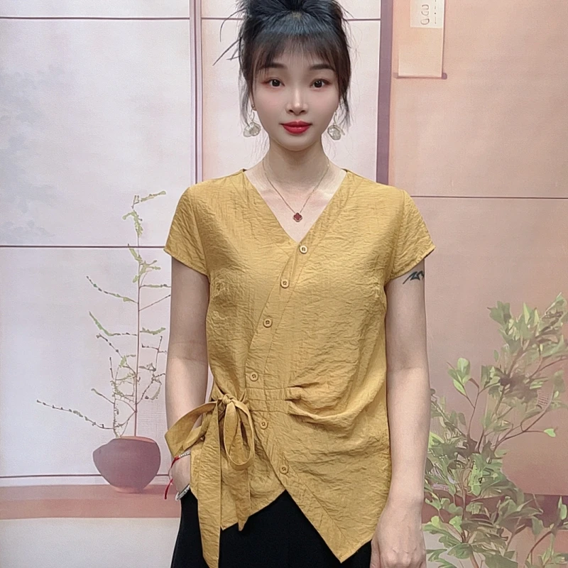 系带短袖女衬衫2025夏季新款时尚减龄洋气不规则衬衣百搭小衫上衣