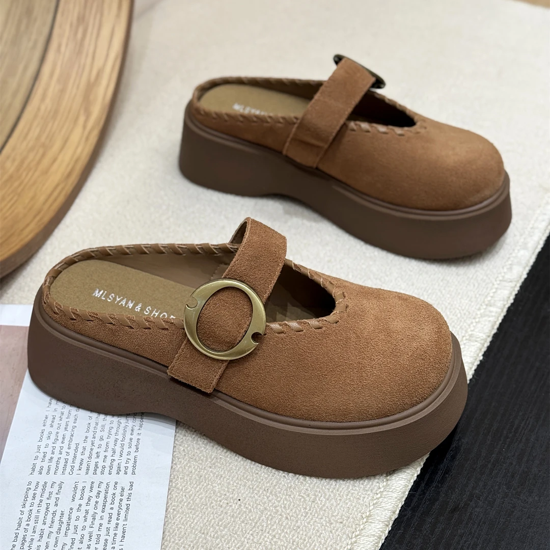 真皮甜美松糕时髦外穿凉拖鞋女2025新款秋厚底勃肯一脚蹬包头半拖