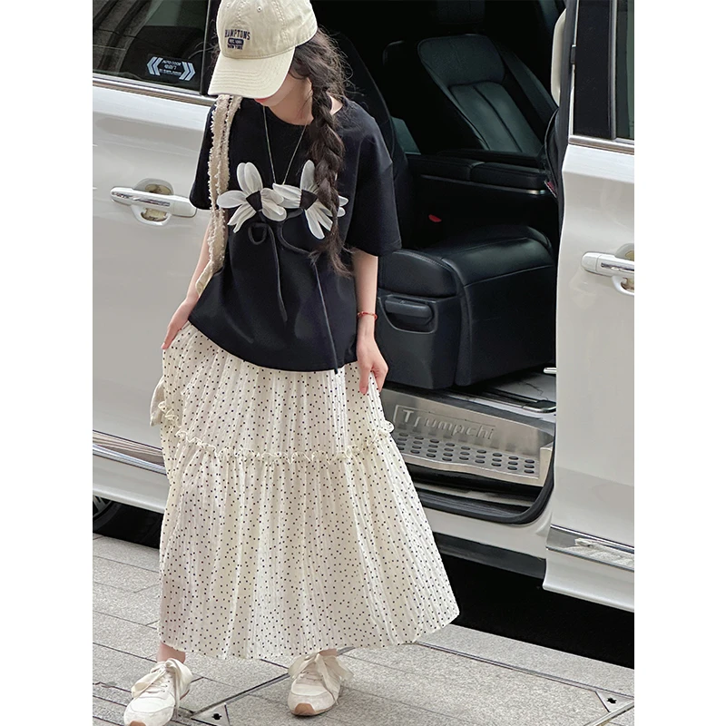 K28839花朵波点女童套装裙2025夏装新款高级感儿童短袖两件套时髦