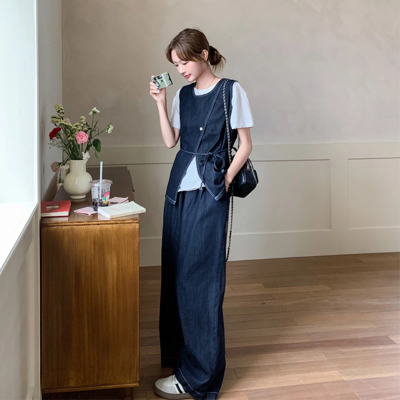 甜酷风氛围感套装裤女2025夏季新款可盐可甜马甲T恤阔腿裤三件套