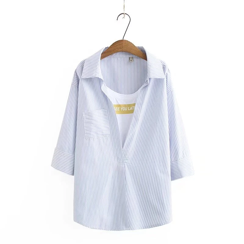 简约时尚假两件拼接微胖mm套头七分袖条纹显瘦衬衫衬衣大码女装